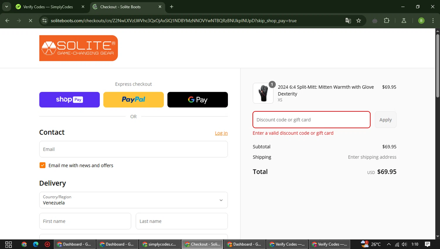 Solite Boots discount code screenshot showing code SPLIT30 applied at Solite Boots checkout page. Uploaded by SimplyCodes community member RoyalAdmiral5066 on May 1, 2025