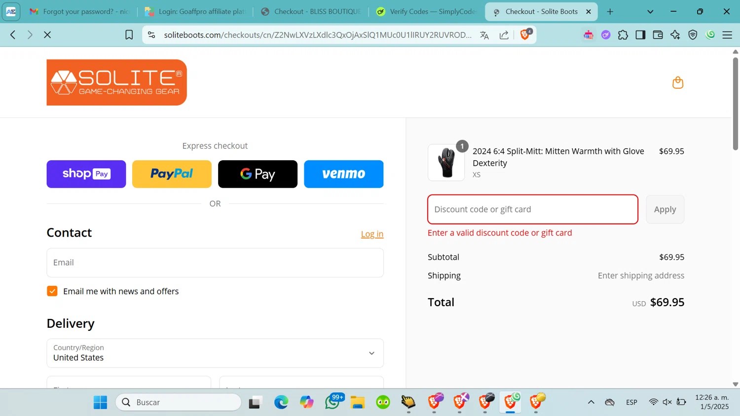 Solite Boots discount code screenshot showing code SPLIT30 applied at Solite Boots checkout page. Uploaded by SimplyCodes community member nikkis on May 1, 2025
