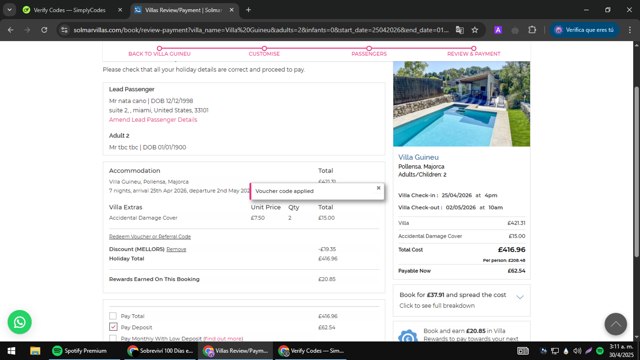 Solmar Villas checkout page showing Solmar Villas discount code box | Screenshot taken by SimplyCodes community member on Apr 30, 2025