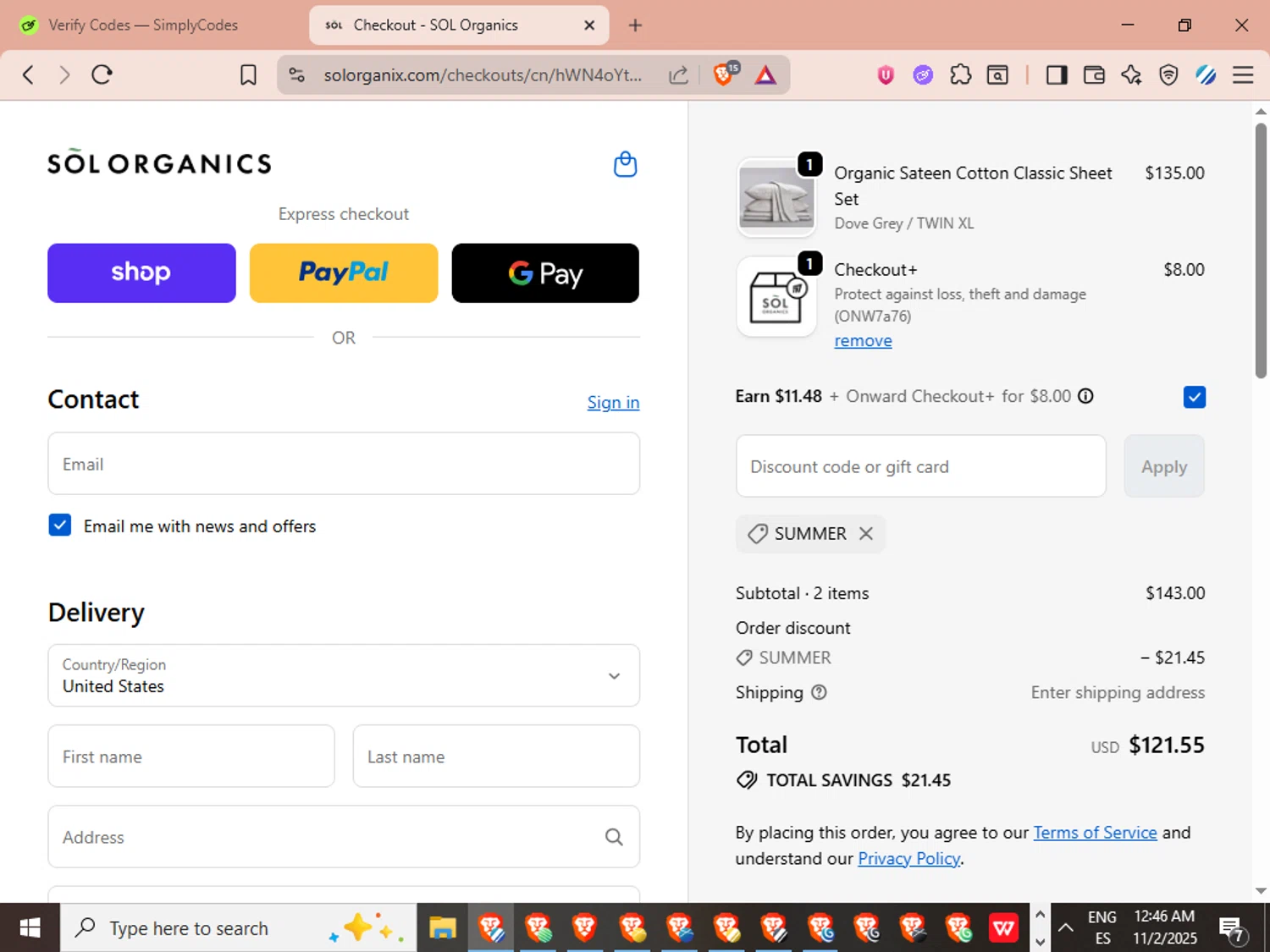 SOL Organics discount code screenshot showing code SUMMER applied at SOL Organics checkout page. Uploaded by SimplyCodes community member LuckyVoyager329 on Nov 2, 2025