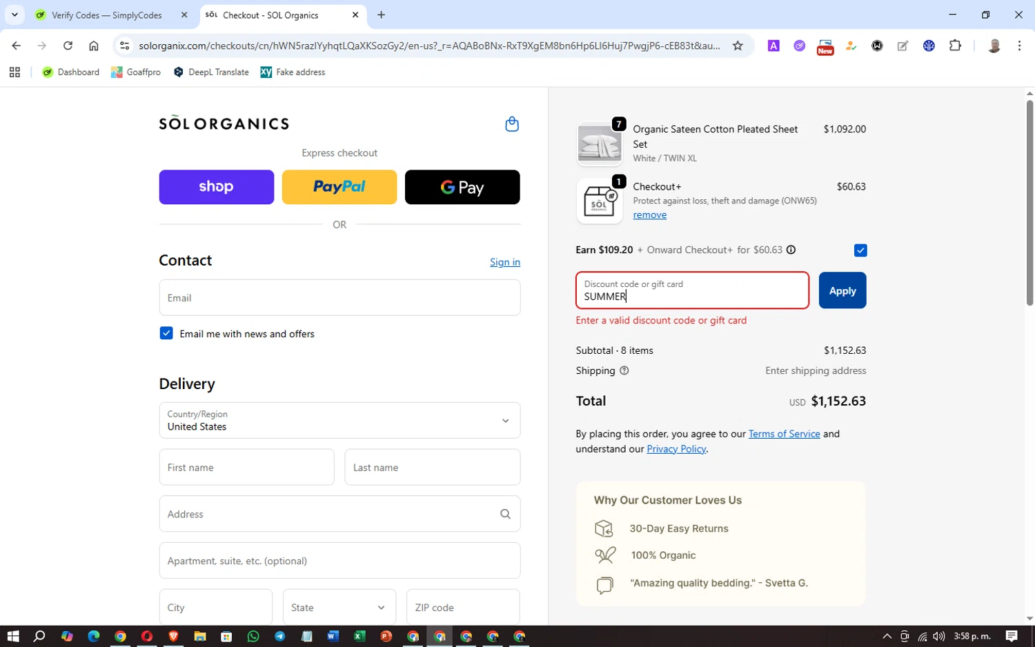SOL Organics discount code screenshot showing code SUMMER applied at SOL Organics checkout page. Uploaded by SimplyCodes community member Washington on Nov 29, 2025