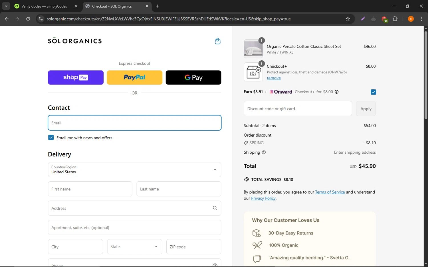 SOL Organics discount code screenshot showing code SPRING applied at SOL Organics checkout page. Uploaded by SimplyCodes community member ShrewdCaptain9911 on Apr 26, 2025