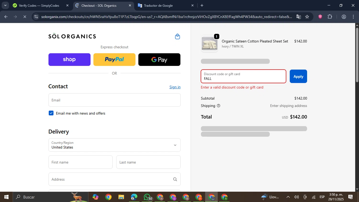 SOL Organics discount code screenshot showing code FALL applied at SOL Organics checkout page. Uploaded by SimplyCodes community member GloriousDefender7889 on Nov 29, 2025