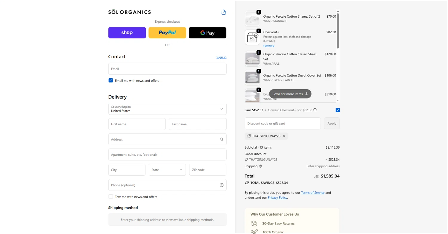 SOL Organics discount code screenshot showing code THATGIRLGUNAY25 applied at SOL Organics checkout page. Uploaded by SimplyCodes community member vctr7w7x on Dec 2, 2025