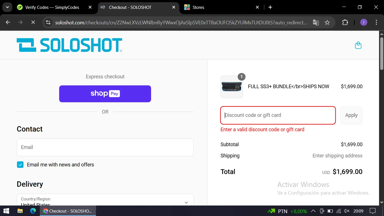 SoloShot discount code screenshot showing code RYDER100 applied at SoloShot checkout page. Uploaded by SimplyCodes community member AGP44456545 on Jul 10, 2025