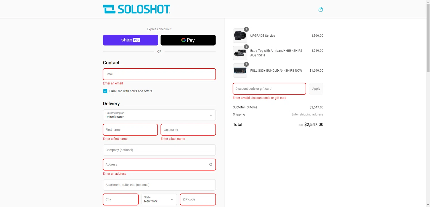 SoloShot discount code screenshot showing code RYDER100 applied at SoloShot checkout page. Uploaded by SimplyCodes community member PromoAdmiral6652 on Jul 10, 2025