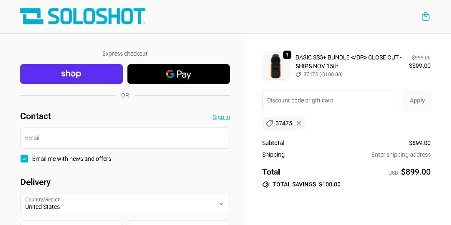 SoloShot discount code screenshot showing code 37475 applied at SoloShot checkout page. Uploaded by SimplyCodes community member pkwhite on Oct 27, 2025