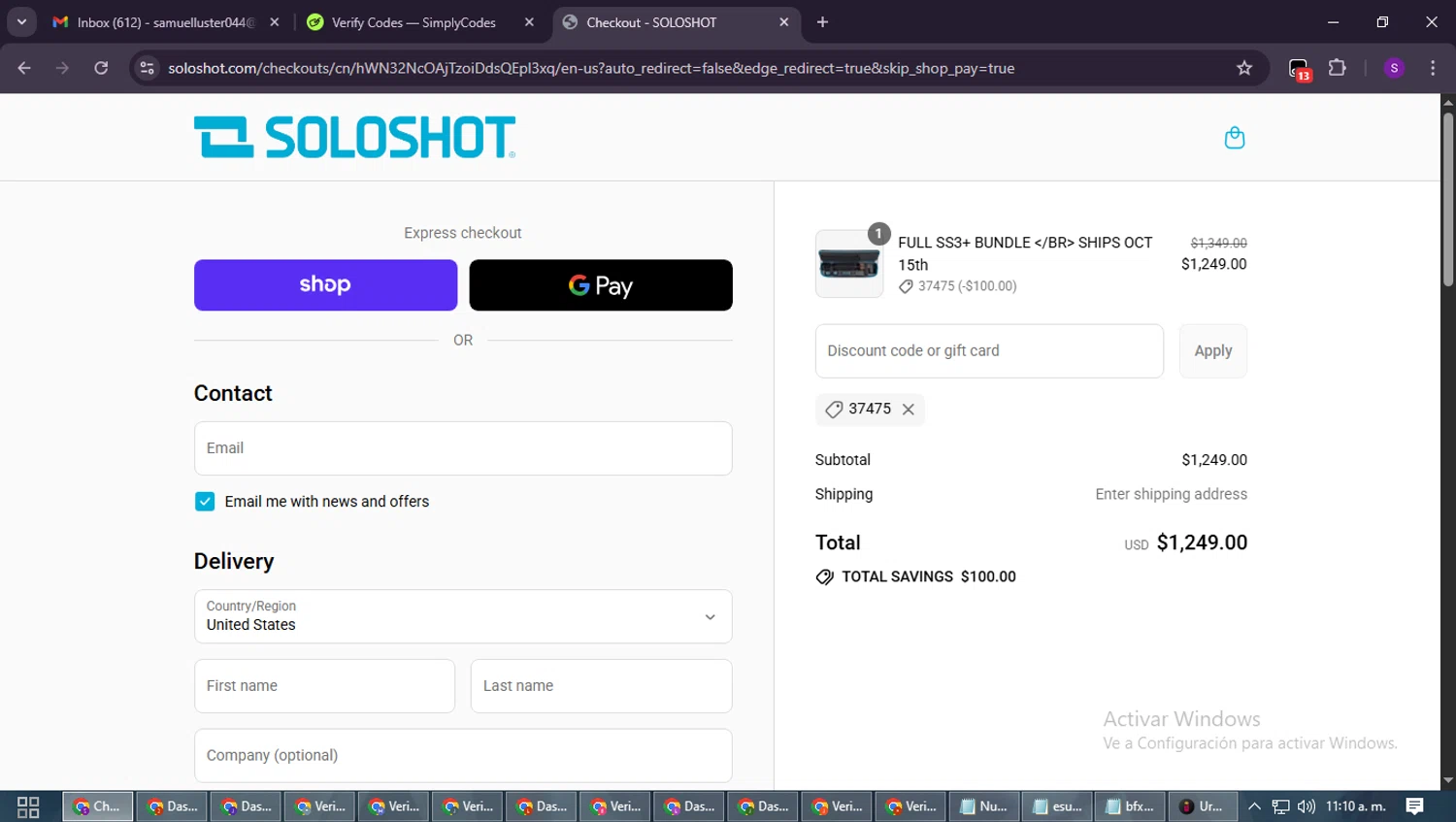 SoloShot discount code screenshot showing code 37475 applied at SoloShot checkout page. Uploaded by SimplyCodes community member ShieldWarden7838 on Sep 16, 2025