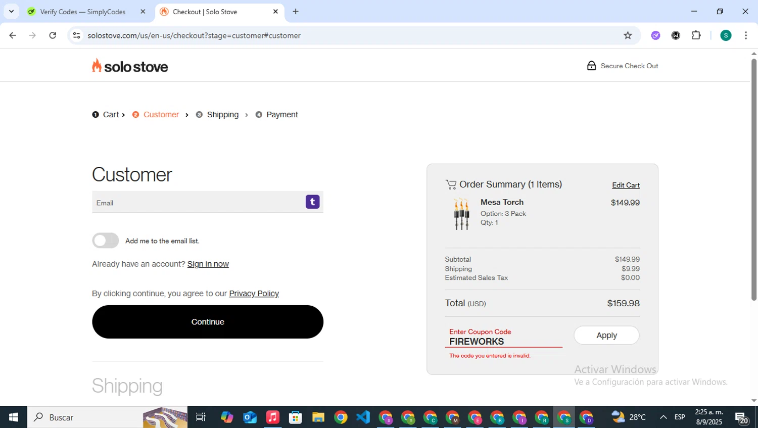 Solo Stove coupon code screenshot showing code FIREWORKS applied at Solo Stove checkout page. Uploaded by SimplyCodes community member VictoriousPilot5281 on Sep 8, 2025