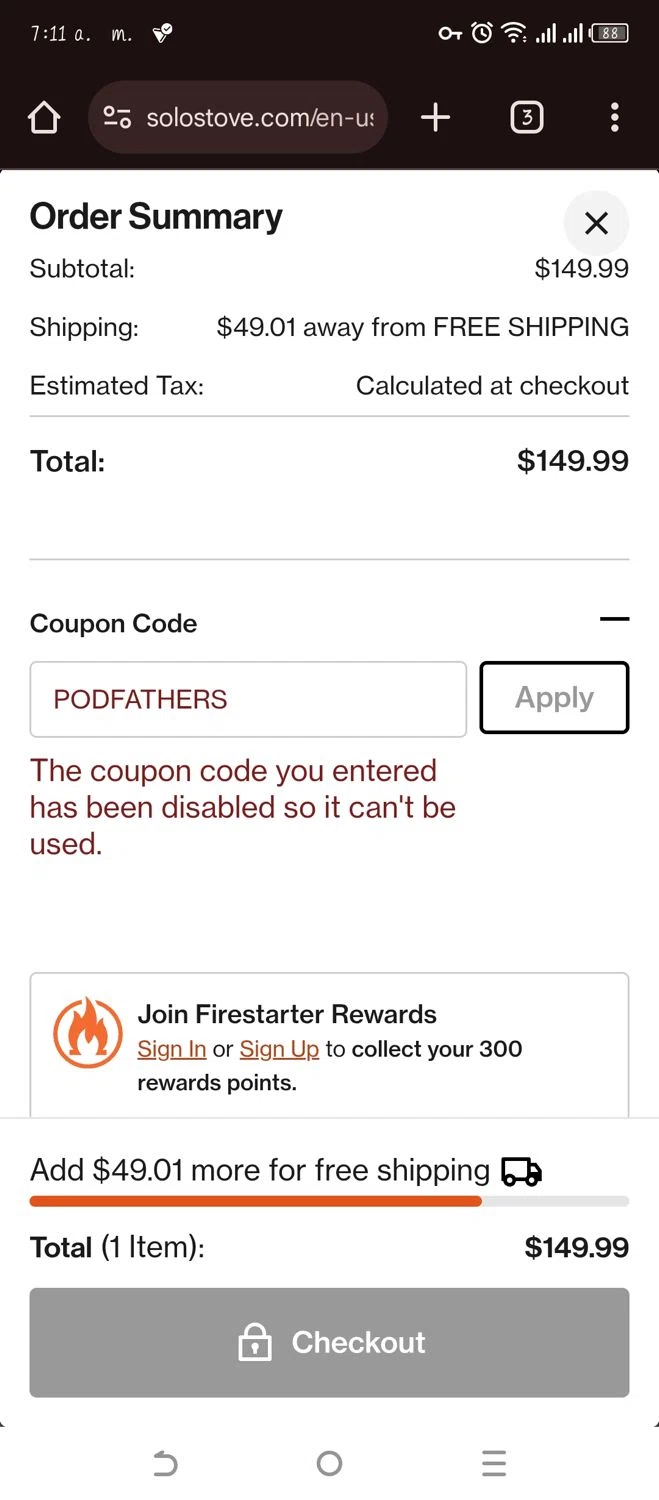 Solo Stove coupon code screenshot showing code PODFATHERS applied at Solo Stove checkout page. Uploaded by SimplyCodes community member WonderW on Jan 31, 2025