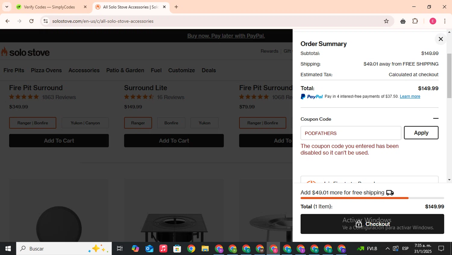 Solo Stove coupon code screenshot showing code PODFATHERS applied at Solo Stove checkout page. Uploaded by SimplyCodes community member CouponHero7312 on Jan 31, 2025