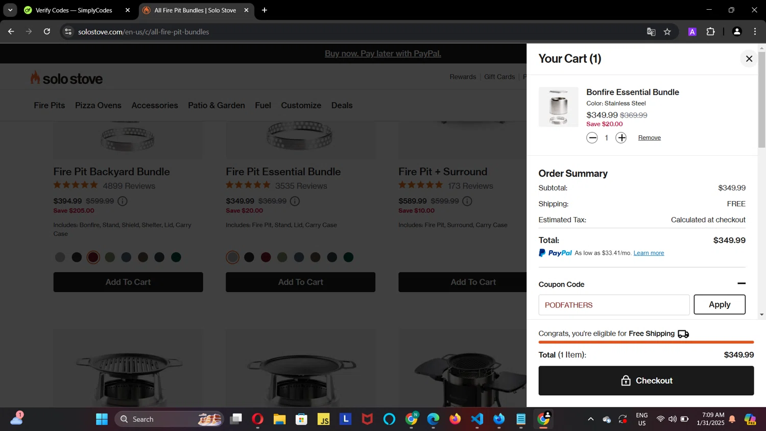 Solo Stove coupon code screenshot showing code PODFATHERS applied at Solo Stove checkout page. Uploaded by SimplyCodes community member DiscountScholar7793 on Jan 31, 2025