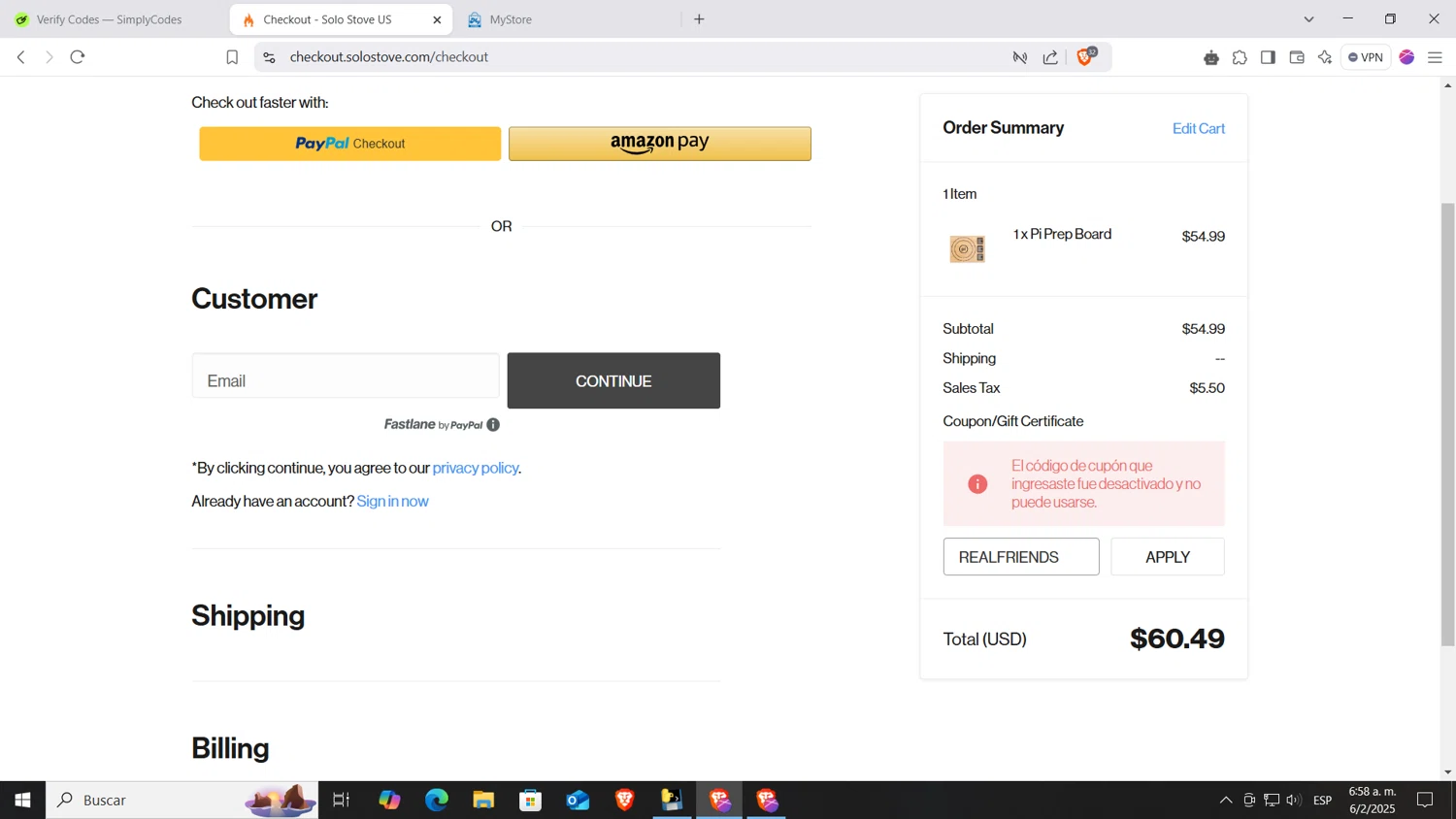 Solo Stove coupon code screenshot showing code REALFRIENDS applied at Solo Stove checkout page. Uploaded by SimplyCodes community member AnthonyGTX on Feb 6, 2025