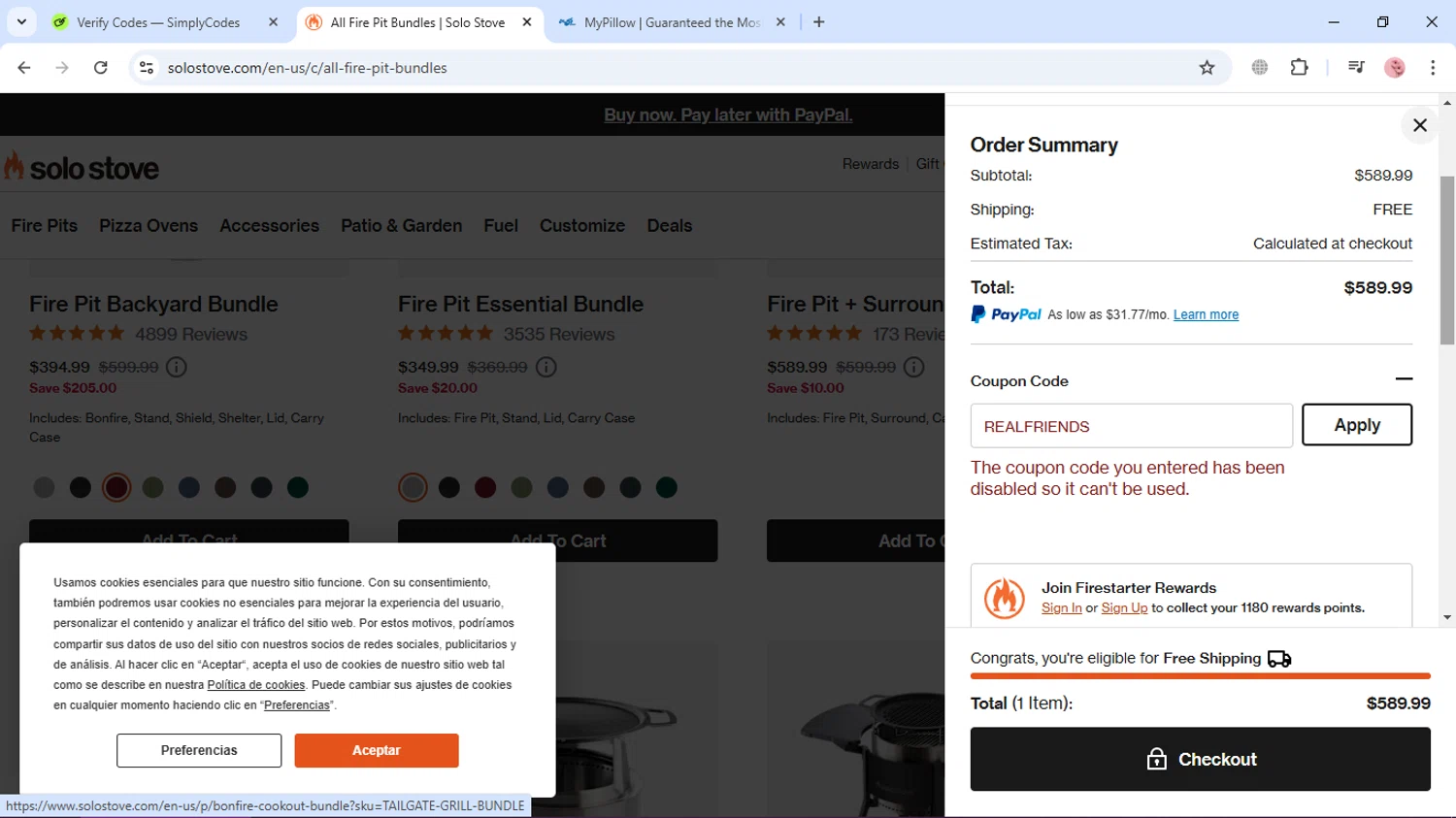 Solo Stove coupon code screenshot showing code REALFRIENDS applied at Solo Stove checkout page. Uploaded by SimplyCodes community member GleywilmarReyes on Jan 27, 2025