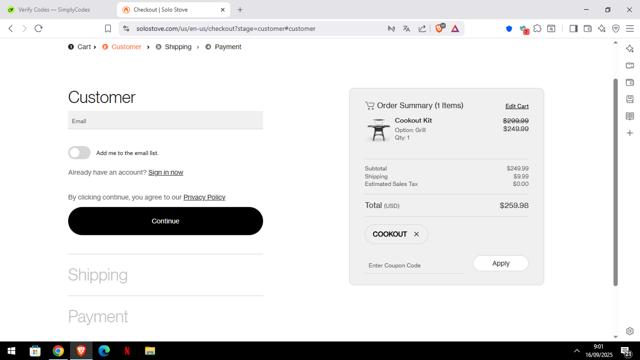 Solo Stove checkout page showing Solo Stove coupon code box | Screenshot taken by SimplyCodes community member on Sep 16, 2025