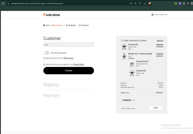 Solo Stove checkout page showing Solo Stove coupon code box | Screenshot taken by SimplyCodes community member on Sep 17, 2025