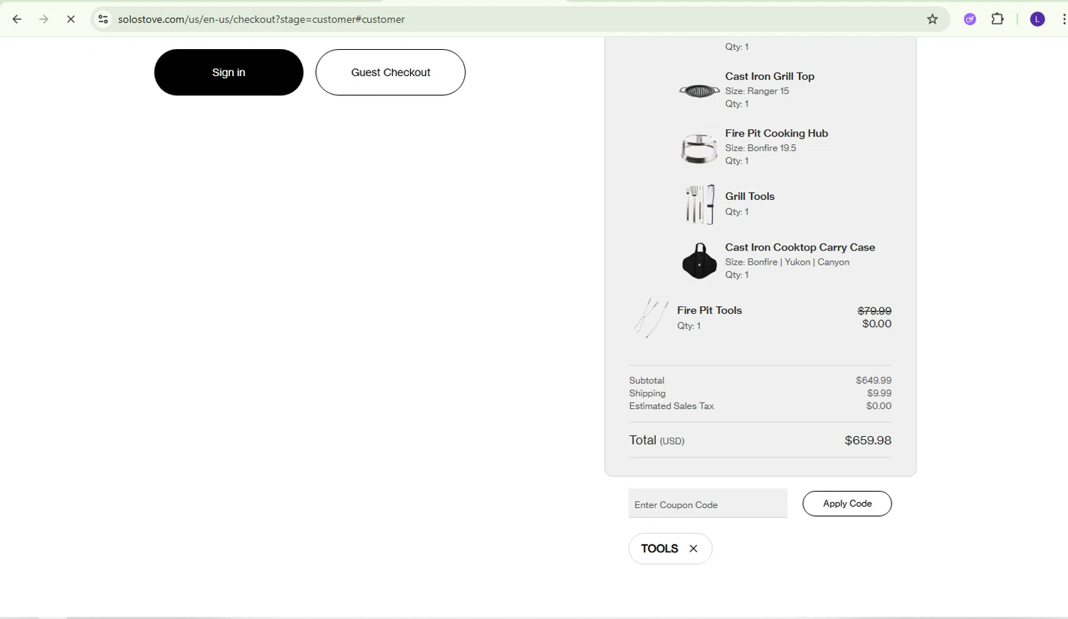 Solo Stove checkout page showing Solo Stove coupon code box | Screenshot taken by SimplyCodes community member on Feb 17, 2026