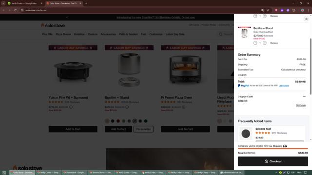 Solo Stove checkout page showing Solo Stove coupon code box | Screenshot taken by SimplyCodes community member on Sep 1, 2025