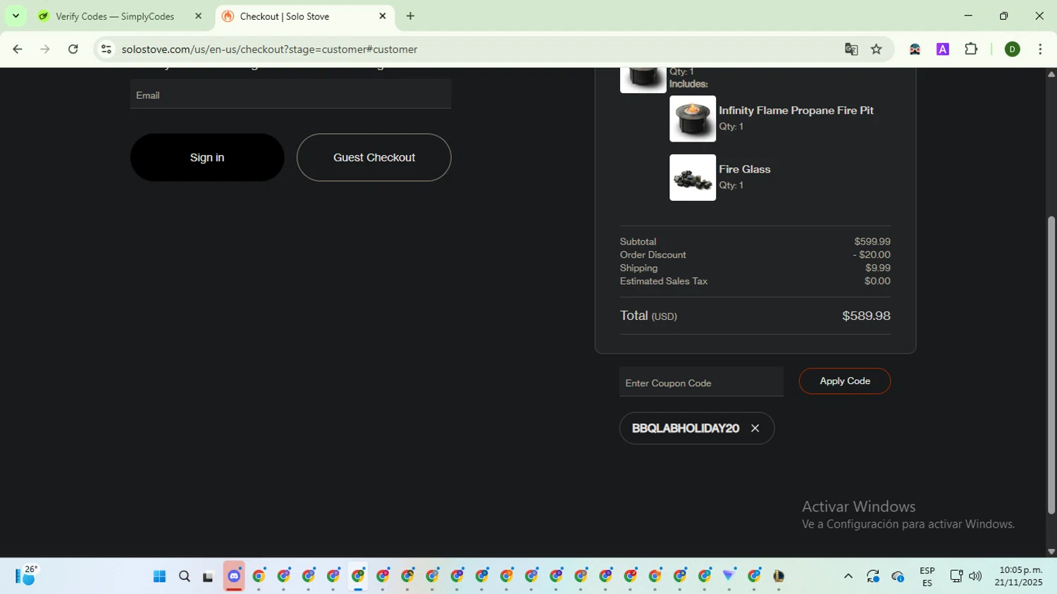 Solo Stove coupon code screenshot showing code BBQLABHOLIDAY20 applied at Solo Stove checkout page. Uploaded by SimplyCodes community member BargainGuardian5495 on Nov 22, 2025