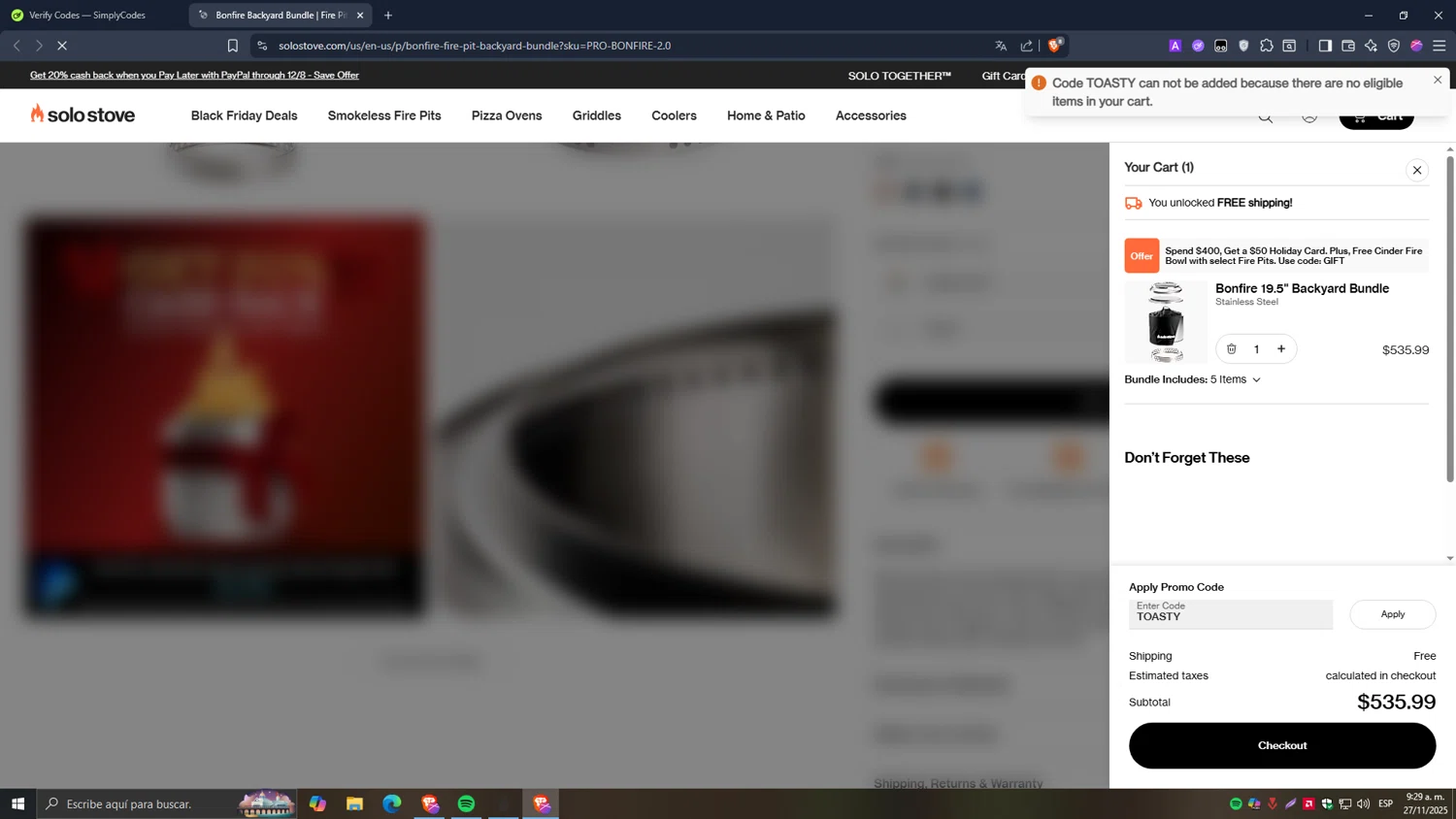 Solo Stove coupon code screenshot showing code TOASTY applied at Solo Stove checkout page. Uploaded by SimplyCodes community member Carlos54 on Nov 27, 2025