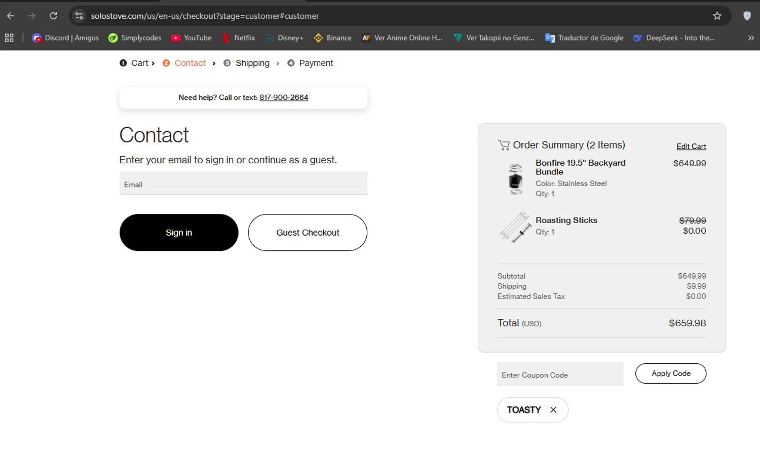Solo Stove coupon code screenshot showing code TOASTY applied at Solo Stove checkout page. Uploaded by SimplyCodes community member Hisoka on Nov 16, 2025