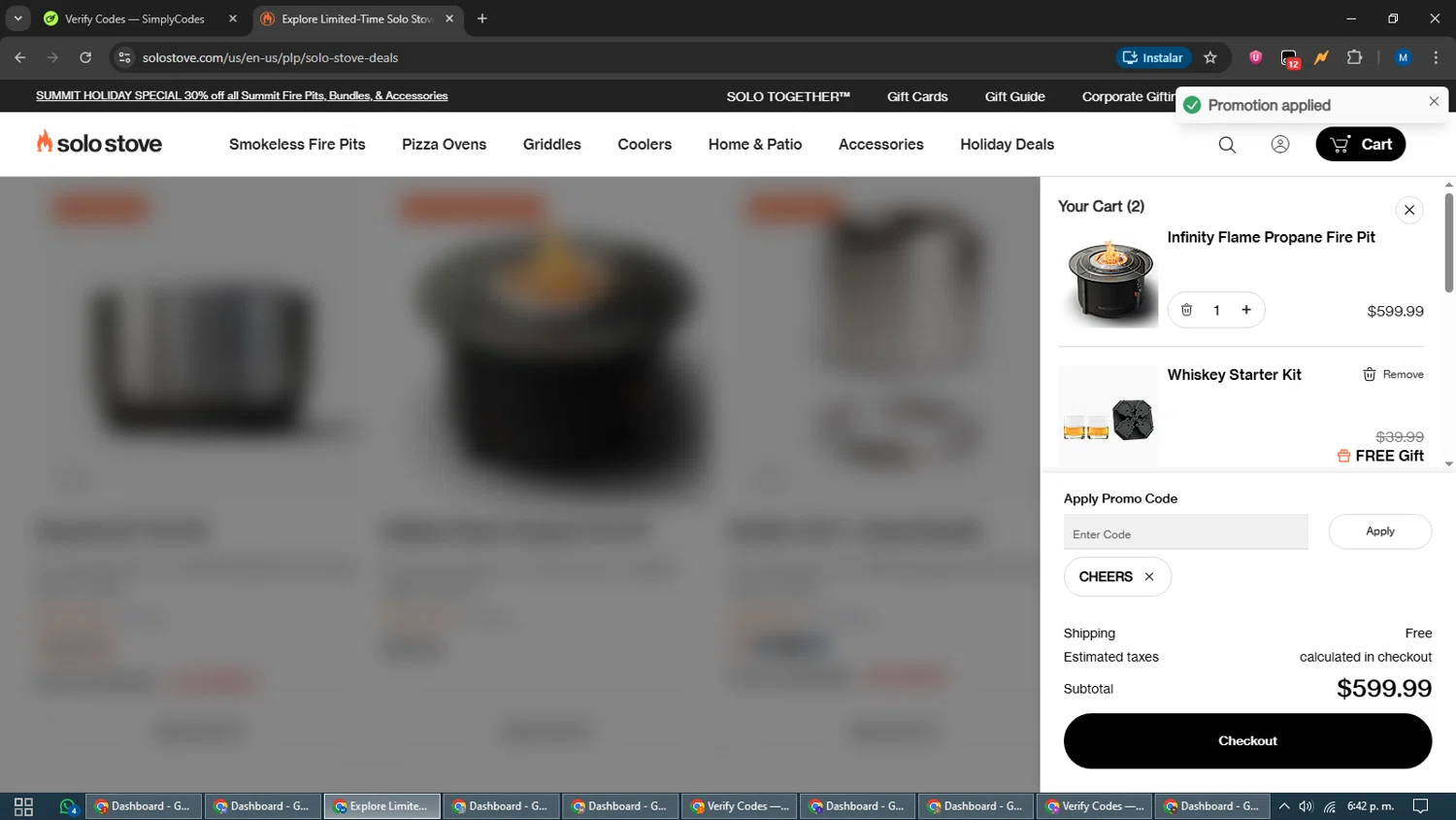 Solo Stove coupon code screenshot showing code CHEERS applied at Solo Stove checkout page. Uploaded by SimplyCodes community member EpicVoyager2820 on Dec 10, 2025