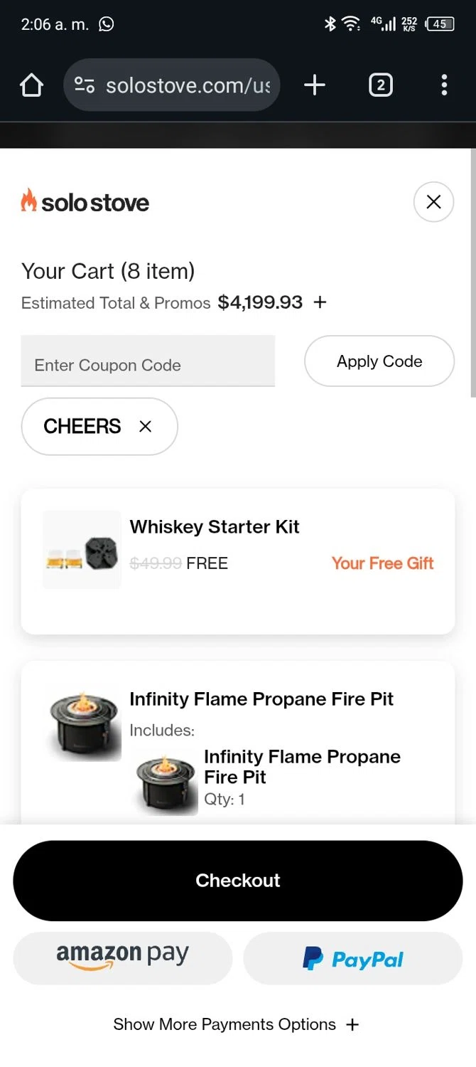Solo Stove coupon code screenshot showing code CHEERS applied at Solo Stove checkout page. Uploaded by SimplyCodes community member Rafita on Nov 15, 2025
