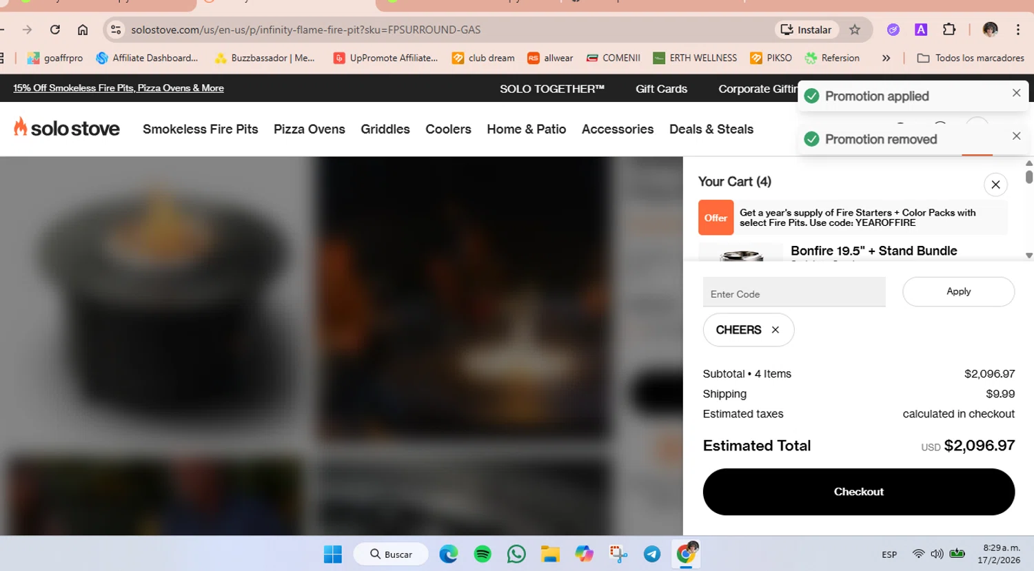 Solo Stove checkout page showing Solo Stove coupon code box | Screenshot taken by SimplyCodes community member on Feb 17, 2026