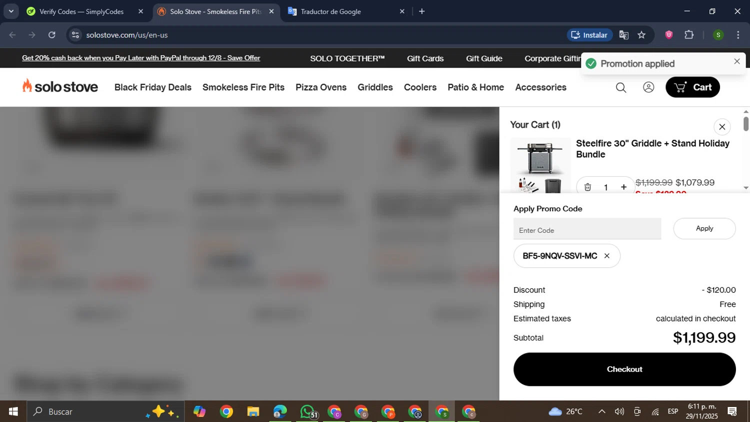 Solo Stove checkout page showing Solo Stove coupon code box | Screenshot taken by SimplyCodes community member on Nov 29, 2025