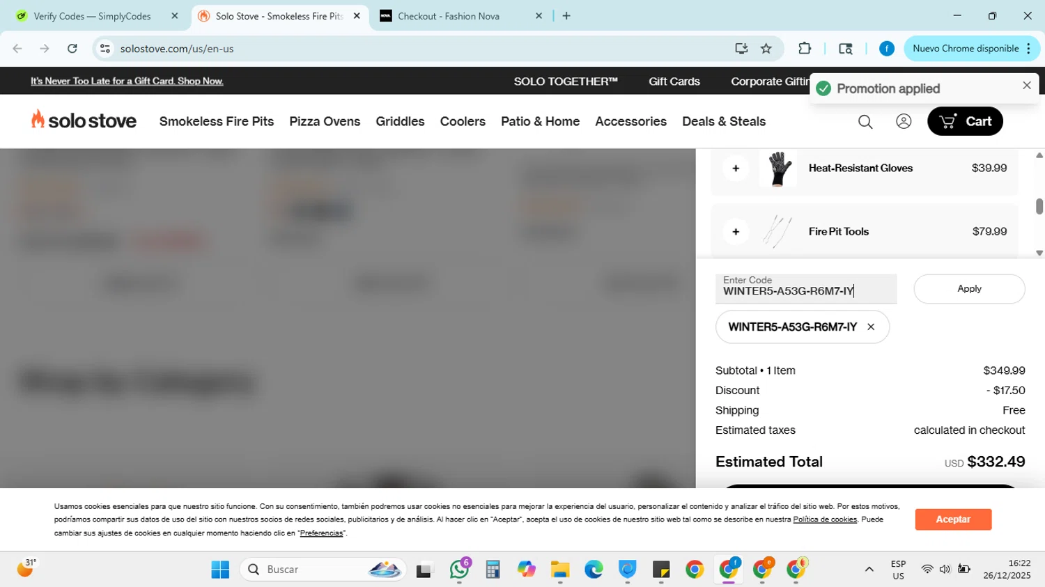 Solo Stove checkout page showing Solo Stove coupon code box | Screenshot taken by SimplyCodes community member on Dec 26, 2025