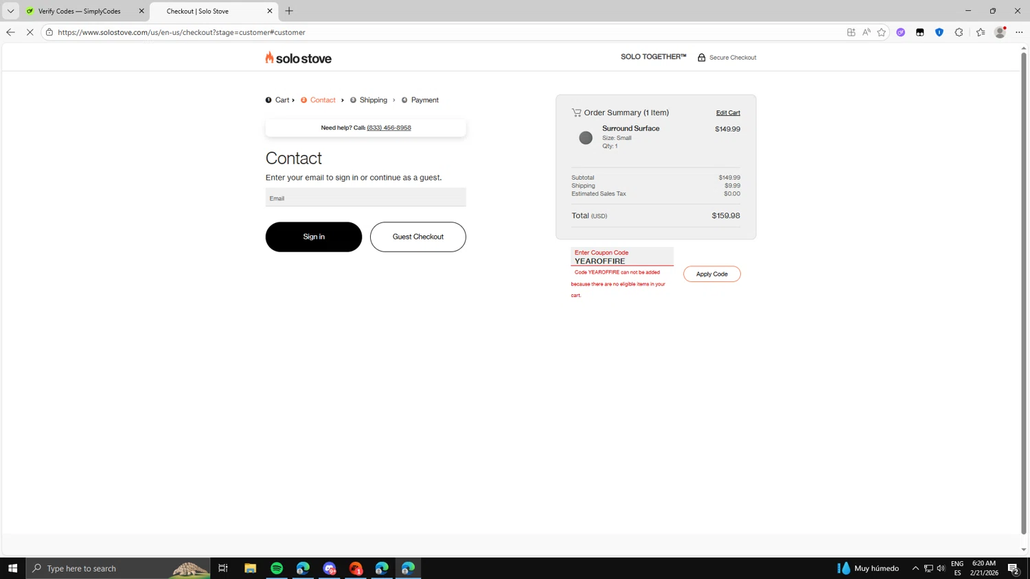 Solo Stove checkout page showing Solo Stove coupon code box | Screenshot taken by SimplyCodes community member on Feb 21, 2026