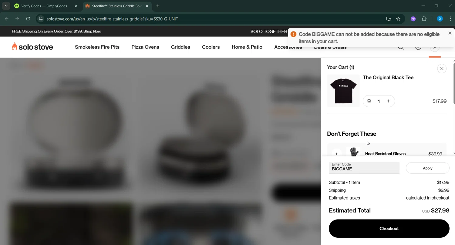 Solo Stove coupon code screenshot showing code BIGGAME applied at Solo Stove checkout page. Uploaded by SimplyCodes community member GoldChaser6627 on Jan 29, 2026