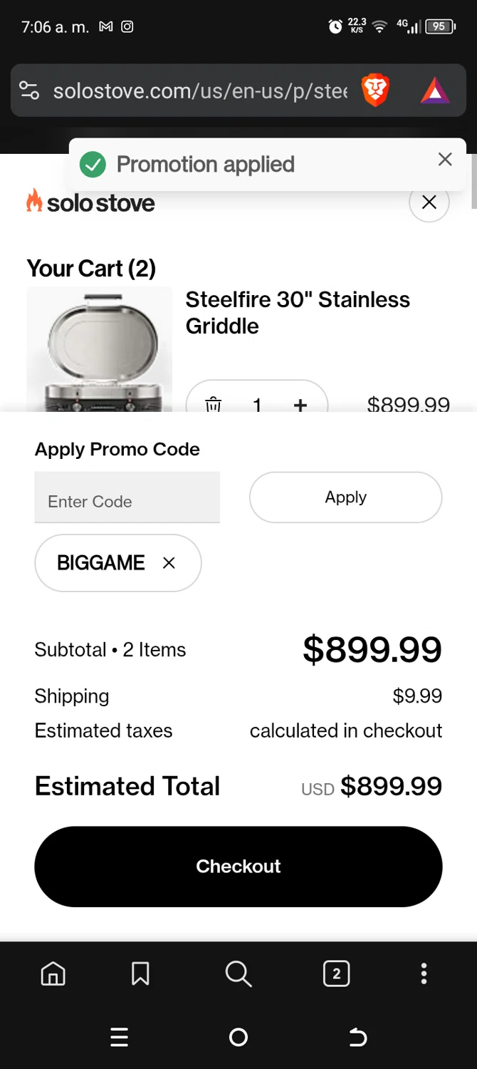 Solo Stove checkout page showing Solo Stove coupon code box | Screenshot taken by SimplyCodes community member on Feb 9, 2026