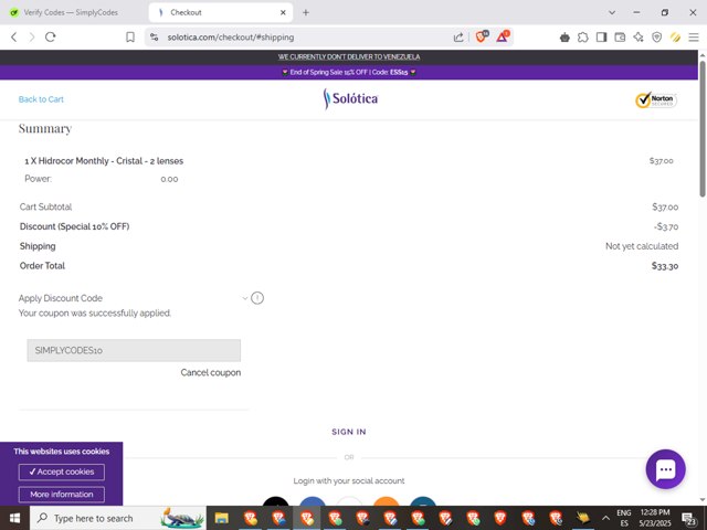 Solotica checkout page showing Solotica coupon code box | Screenshot taken by SimplyCodes community member on May 23, 2025