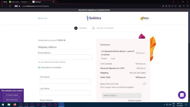 Solotica checkout page showing Solotica coupon code box | Screenshot taken by SimplyCodes community member on Jan 13, 2025