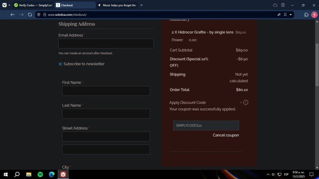 Solotica checkout page showing Solotica coupon code box | Screenshot taken by SimplyCodes community member on Feb 13, 2025