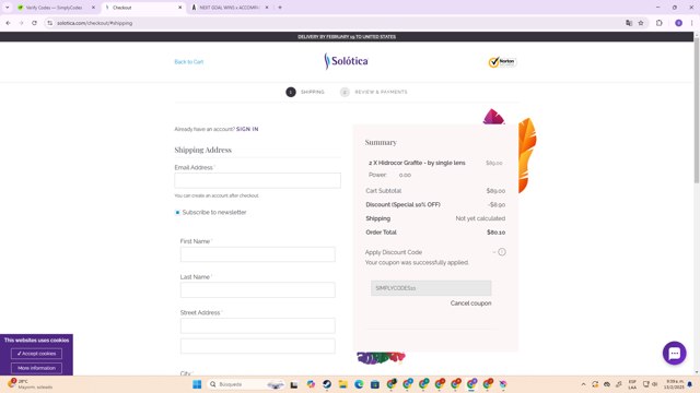 Solotica checkout page showing Solotica coupon code box | Screenshot taken by SimplyCodes community member on Feb 13, 2025