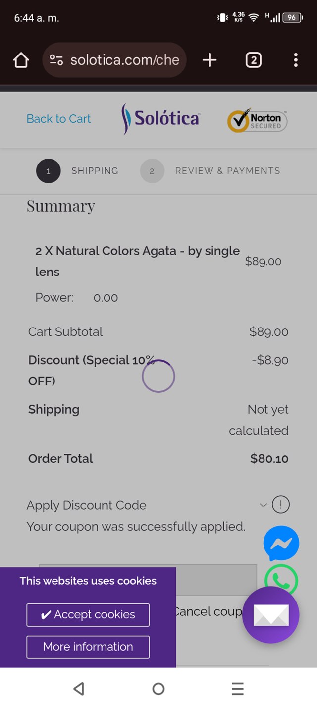 Solotica checkout page showing Solotica coupon code box | Screenshot taken by SimplyCodes community member on Oct 20, 2024