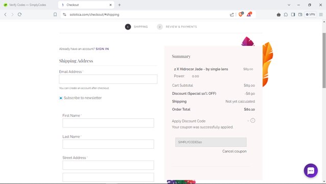 Solotica checkout page showing Solotica coupon code box | Screenshot taken by SimplyCodes community member on Nov 22, 2024