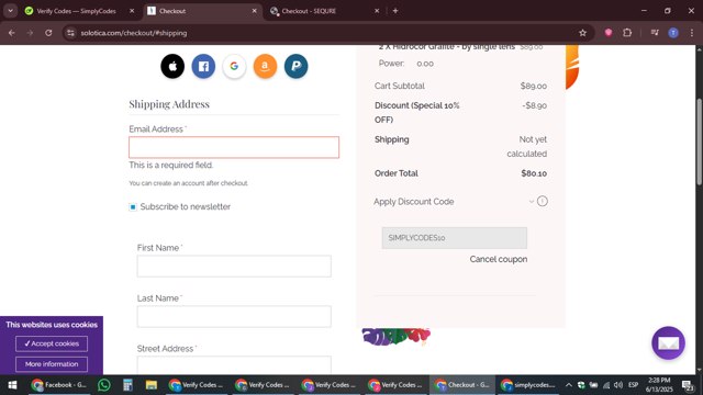 Solotica checkout page showing Solotica coupon code box | Screenshot taken by SimplyCodes community member on Jun 13, 2025