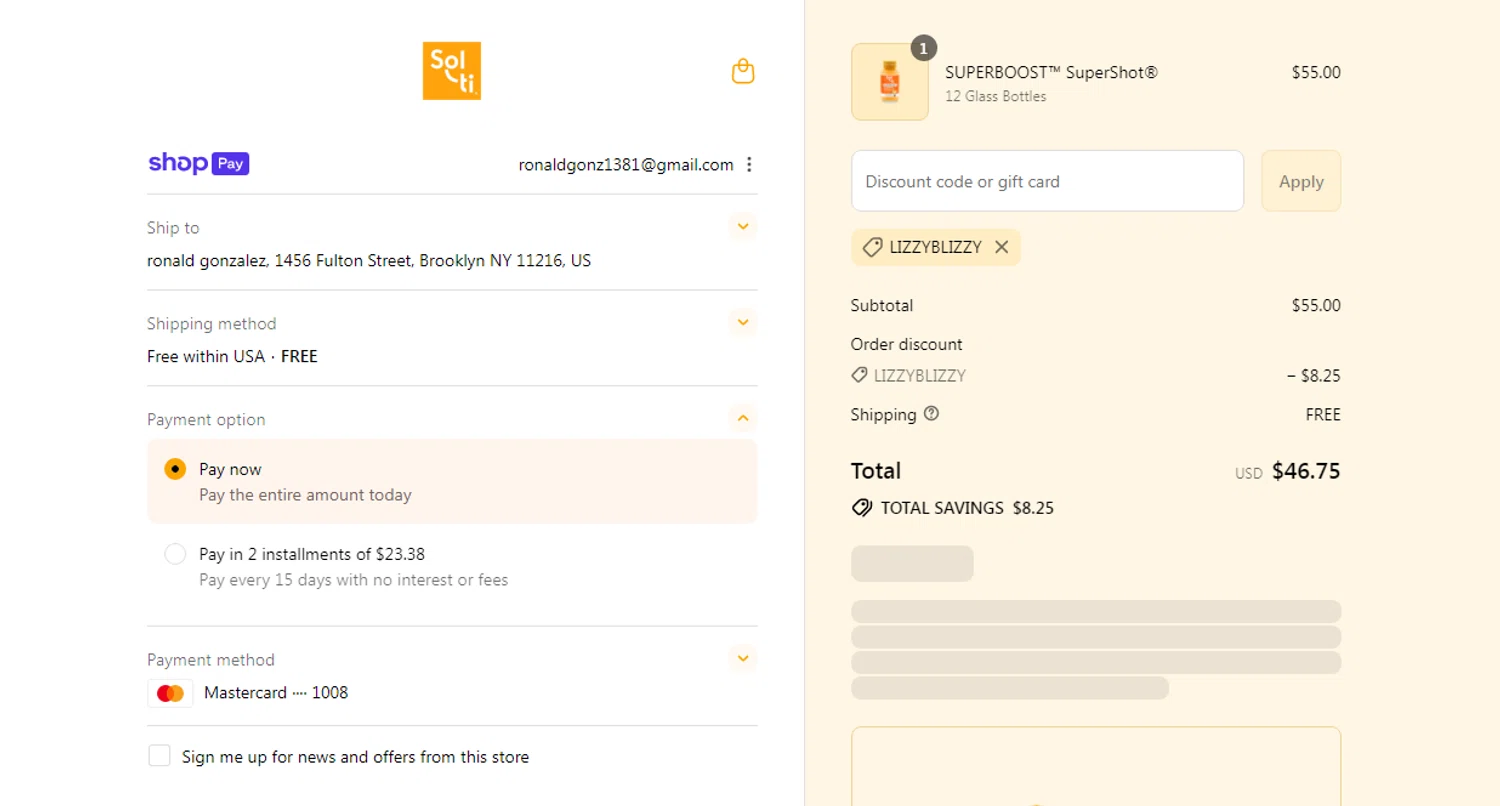Sol-ti coupon code screenshot showing code LIZZYBLIZZY applied at Sol-ti checkout page. Uploaded by SimplyCodes community member Ronald13 on Aug 23, 2025