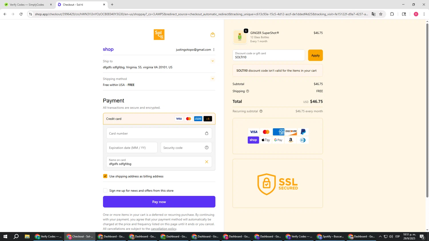 Sol-ti coupon code screenshot showing code SOLTI10 applied at Sol-ti checkout page. Uploaded by SimplyCodes community member TTTT55 on Sep 30, 2025