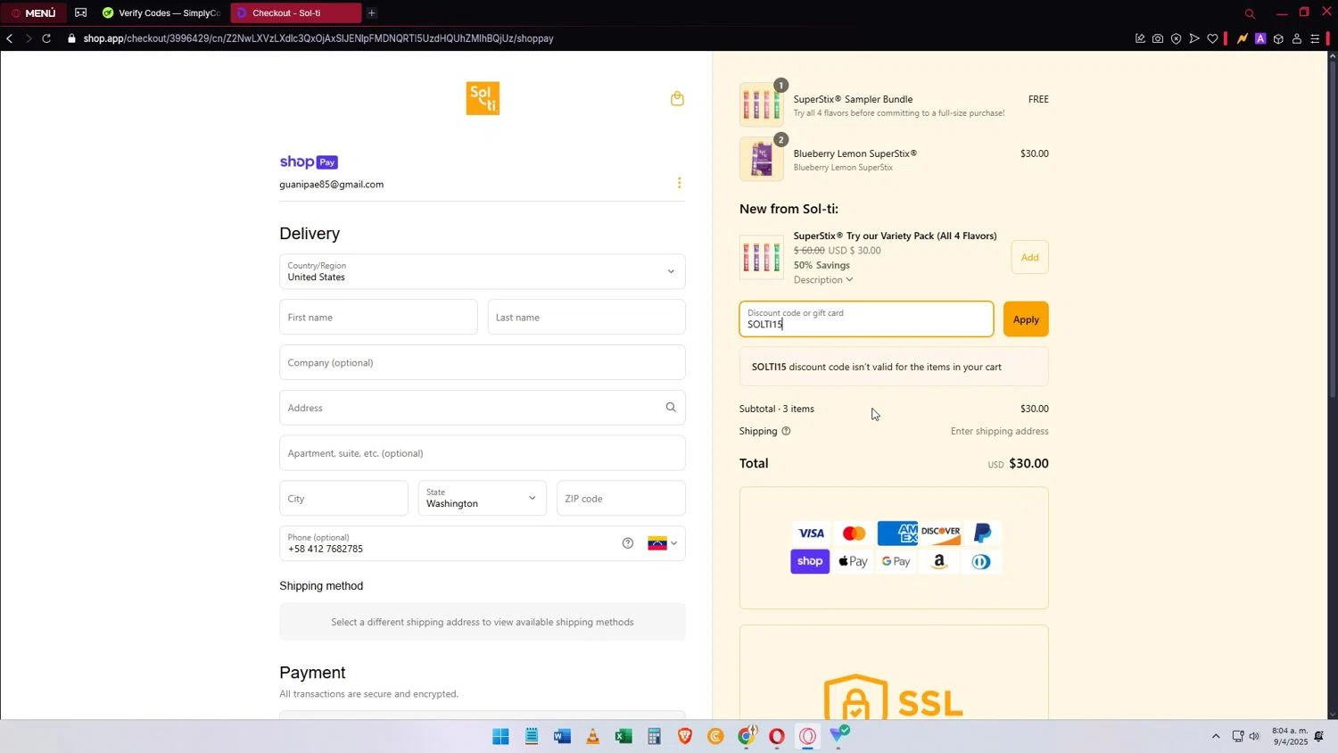 Sol-ti coupon code screenshot showing code SOLTI15 applied at Sol-ti checkout page. Uploaded by SimplyCodes community member Elimix on Apr 9, 2025