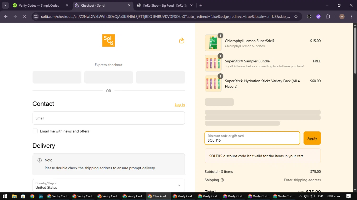 Sol-ti coupon code screenshot showing code SOLTI15 applied at Sol-ti checkout page. Uploaded by SimplyCodes community member SmartWarden8713 on Apr 9, 2025