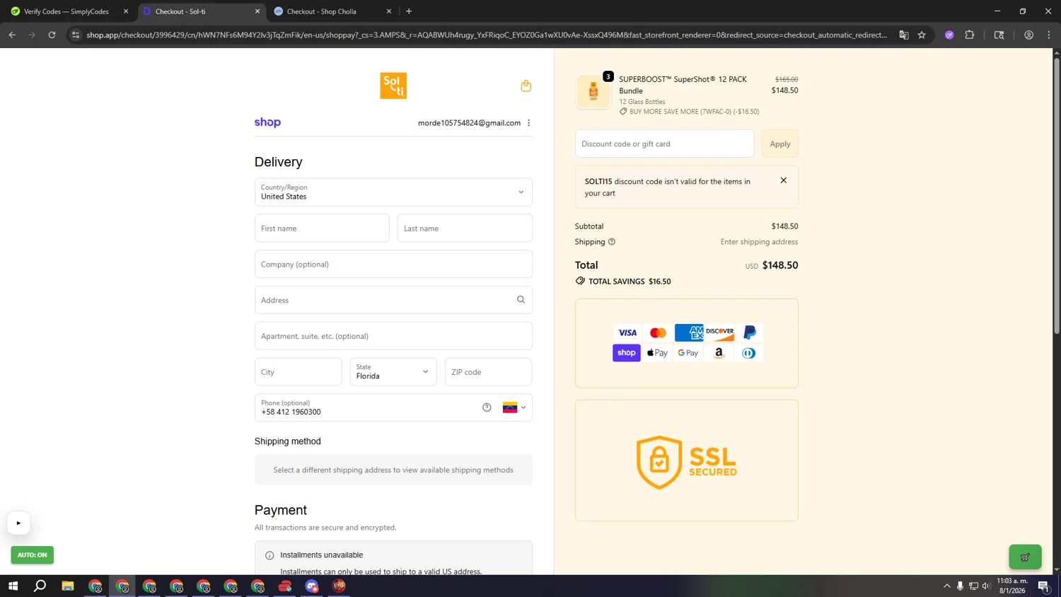 Sol-ti coupon code screenshot showing code SOLTI15 applied at Sol-ti checkout page. Uploaded by SimplyCodes community member ooooooooooooooooooo on Jan 8, 2026