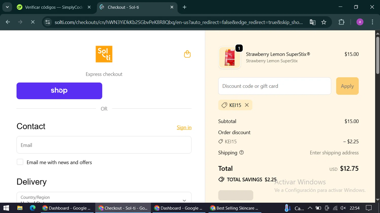 Sol-ti coupon code screenshot showing code KEI15 applied at Sol-ti checkout page. Uploaded by SimplyCodes community member alexandracarolina on Sep 30, 2025