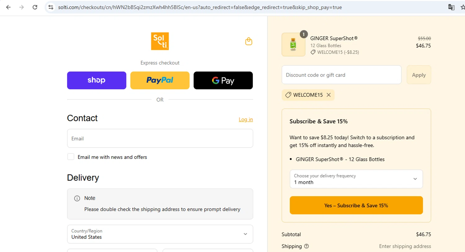 Sol-ti coupon code screenshot showing code welcome15 applied at Sol-ti checkout page. Uploaded by SimplyCodes community member carol_lameda on Sep 4, 2025