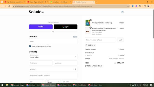 Soludos checkout page showing Soludos promo code box | Screenshot taken by SimplyCodes community member on Sep 12, 2025