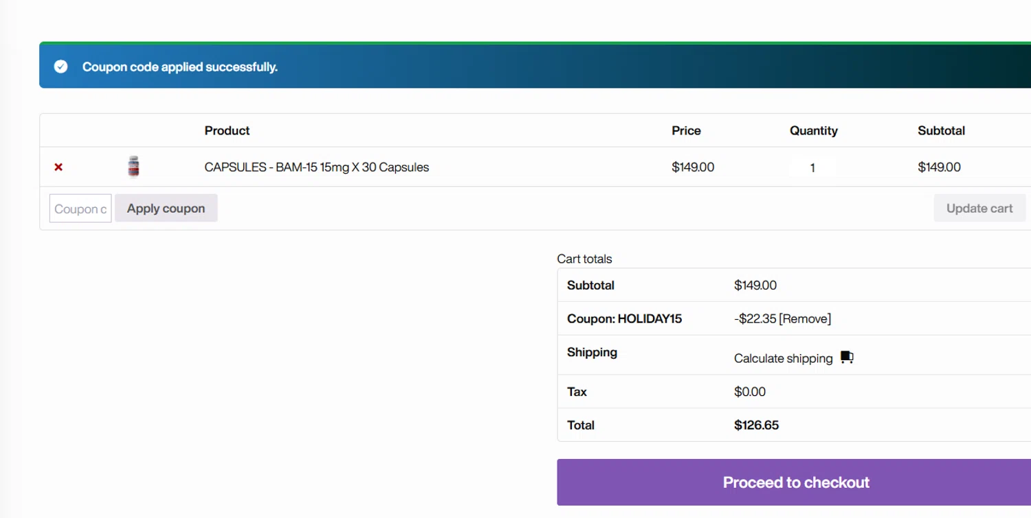 Solution Peptides coupon code screenshot showing code holiday15 applied at Solution Peptides checkout page. Uploaded by SimplyCodes community member Freeman on Oct 6, 2025