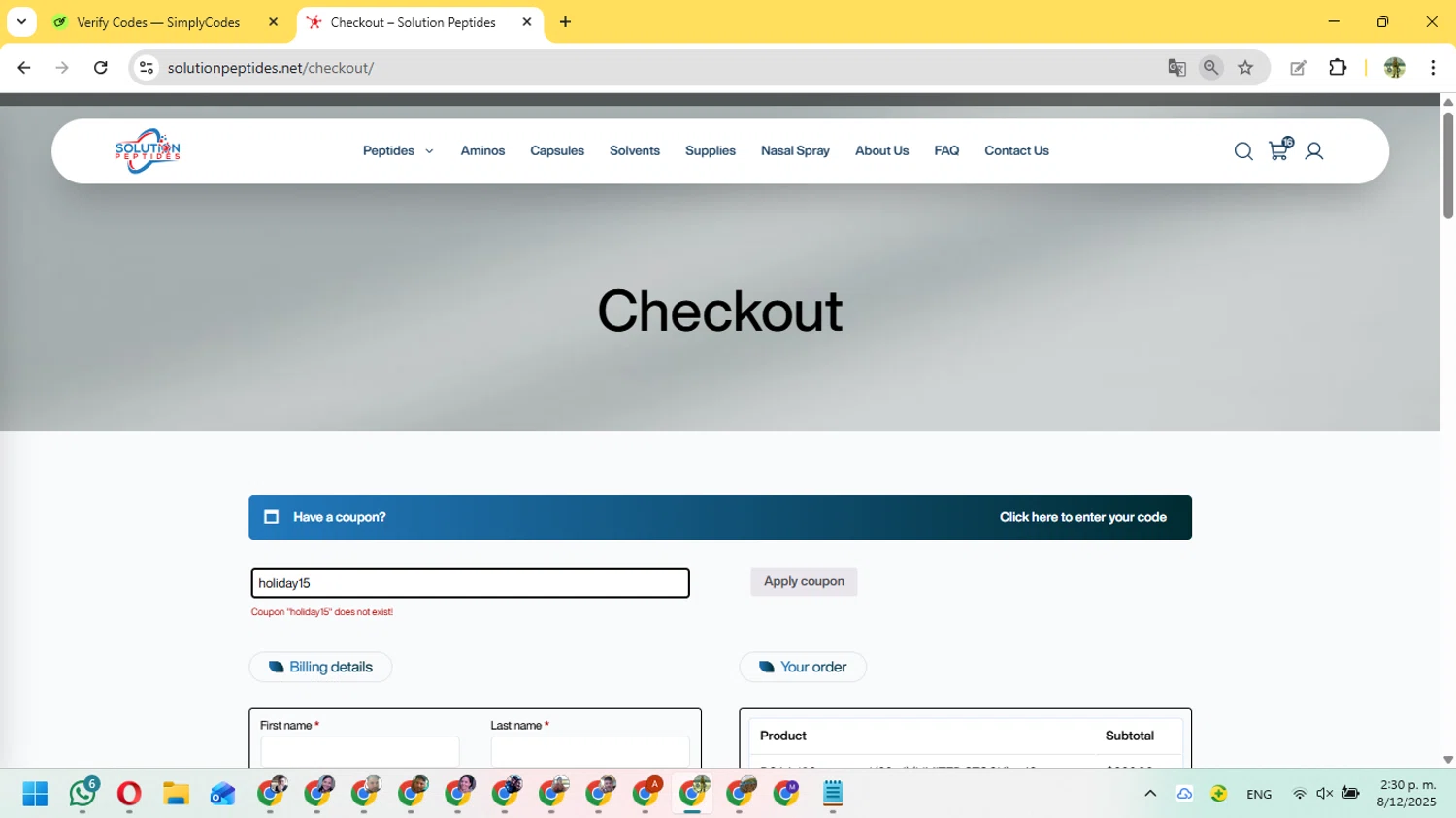Solution Peptides coupon code screenshot showing code holiday15 applied at Solution Peptides checkout page. Uploaded by SimplyCodes community member FundoSinai on Dec 8, 2025